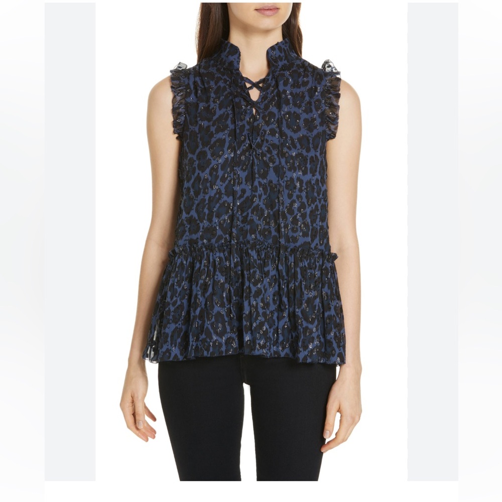 Kate Spade Leopard Clip Dot Top Blue and Black Ruffled Peplum Blouse